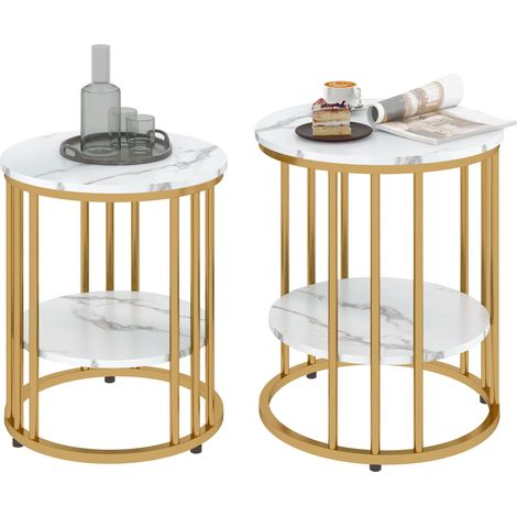 Lot de 2 tables d'appoint rondes, tables basses aspect marbre avec espace de rangement ouvert et structure en métal (1/5)