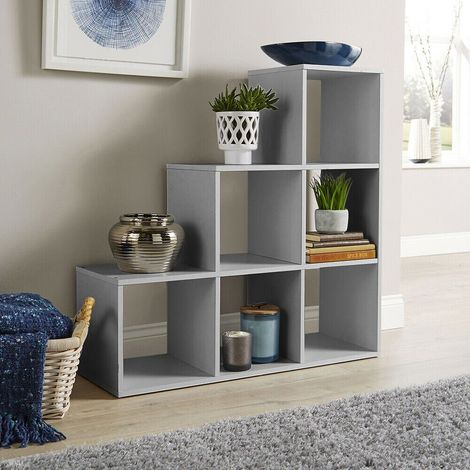 Grey Step Style Storage Cube 6 Shelf Bookcase Wooden Display Staircase (1/3)