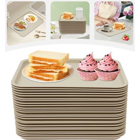24 pièces Plateaux de service empilables, plateau fast-food 36 x 27 x 2 cm, kaki, pour cafés et restaurants rapides