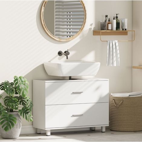 Meuble sous lavabo sur pied 2 tiroirs, découpe en U 15 x 22 cm, 80 x 30 x 60 cm, blanc, OKWISH (1/5)