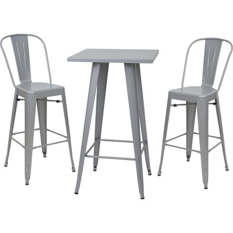 Set table mange-depout + 2x tabouret de bar HWC-A73, chaise/table de bar, design industriel - gris (1/5)