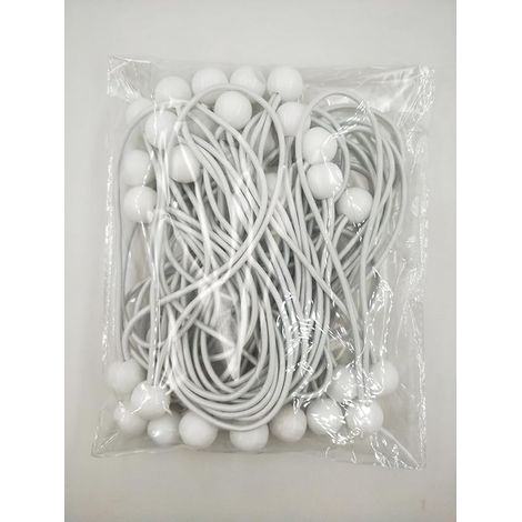 Elastic Bungee Cord, Elastic Sandow, Tarpaulin Tensioner for Elastic Hooks with Plastic Ball, Tent Elastics for Tarpaulins, White 150 mm and 200 mm (1/4)