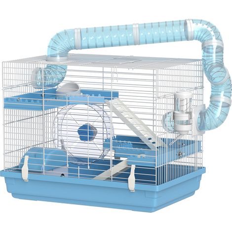 Cage pour Hamster Portable, Cage Hamster avec cabane, gamelle, Roue de Course, Bouteille d'eau, perchoirs, échelles, système de tuyaux, 47,5 x 31,5 x 29,5 cm, Bleu Clair (1/5)