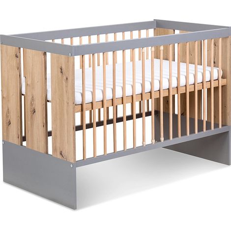 Lit évolutif bébé 120x60 cm – Sommier réglable sur 3 hauteurs – Bois de pin et MDF – 3 barreaux amovibles pour accès facile
