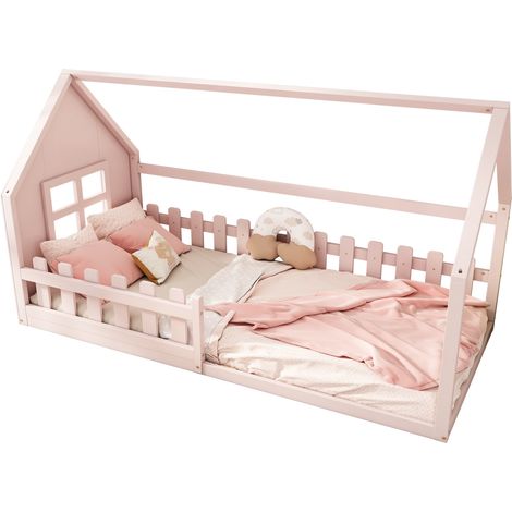 Letto per Bambini 90 x 200 cm, Letto Singolo a Forma di Casa, senza Materasso, in Pino e MDF, Rosa (1/5)