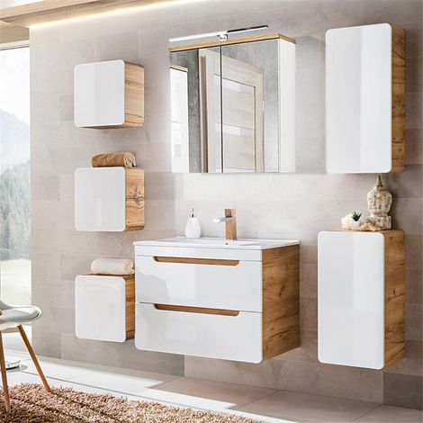 Badmöbelset mit 81 cm Waschtisch & LED-Spiegelschrank LUTON-56 in Hochglanz weiß mit Wotan Eiche Nb., B/H/T ca. 180/200/46 cm (1/5)