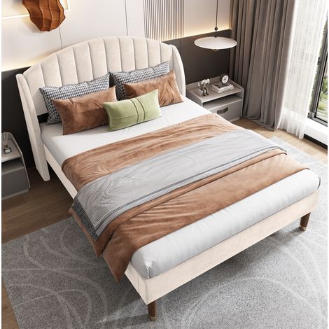 Letto imbottito moderno in velluto beige 160x200 cm con testiera alta e rete a doghe (1/5)