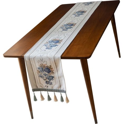 Chemin de table à pompons et motifs floraux, doux et décoratif, en chenille, anti-poussière, blanc, 32 x 180 cm / 12,6 x 70,9 pouces, pour la maison ou l'hôtel (1/5)