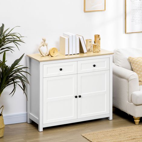 Commode meuble de rangement 2 portes avec étagère réglable en hauteur 2 tiroirs 100 x 40 x 85 cm blanc et aspect bois (1/5)