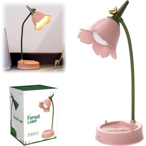 Lámpara de escritorio LED, lámpara de lectura con luz ajustable y sensor táctil USB, 3 modos de color, lámpara de noche plegable, lámpara de escritorio LED inalámbrica para niños (flor y pájaro rosa) (1/5)