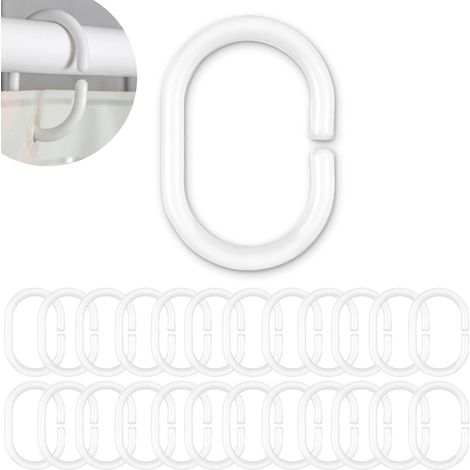 24 Anneaux de douche, Plastique robuste, Blanc, 46x29mm, Pour tringles de bain (1/5)