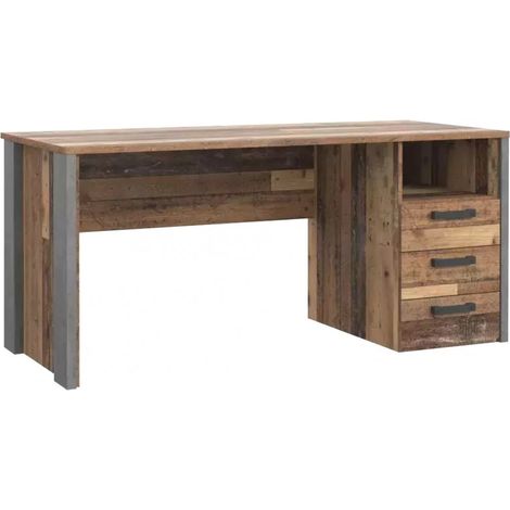 Bureau droit 160 cm 3 tiroirs décor bois vieilli et béton gris - BUCK (1/5)