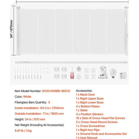 Barrera de seguridad retráctil para bebés, de fácil manejo con una sola mano, para evitar que el bebé gatee, color blanco, 180 cm (71 pulgadas) (1/2)