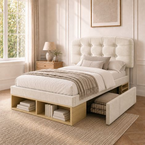 Lit enfant 90x200 cm velours beige avec tiroirs, rangement et tête réglable (1/5)