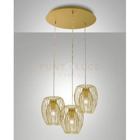 CAMP LAMPADARIO A SOSPENSIONE ORO OPACO 3 LUCI ATTACCO E27, BASE TONDA D.50CM