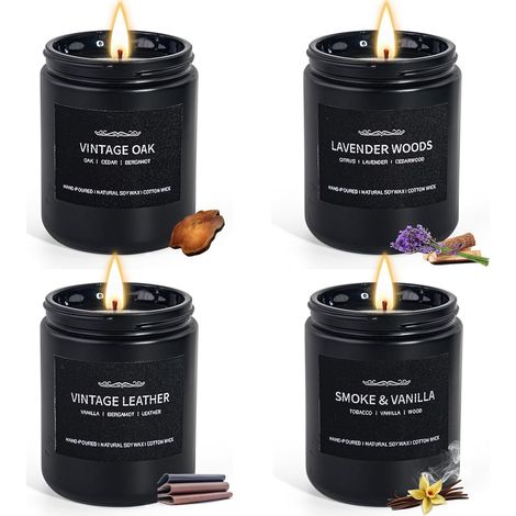 Bougies Parfumées pour Hommes, Ensemble de 4 Bougies de Soja pour la Maison, Cadeaux pour la Fête des Pères, avec des Arômes de Cuir/Chêne/Bois de Lavande/Vanille Fumée (1/5)