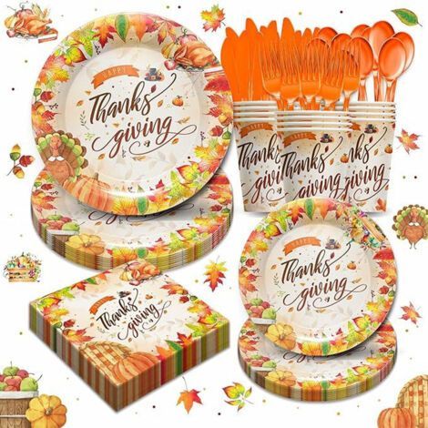 Décorations pour une fête de Thanksgiving sur le thème de la dinde : assiettes, serviettes, gobelets, couverts, feuilles d'érable, articles de fête d'automne pour Thanksgiving (1/5)