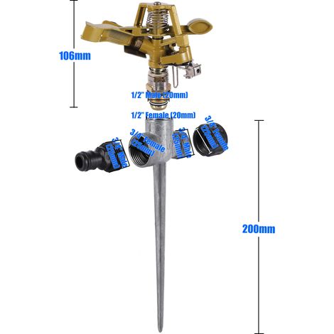 (Type 2) Arroseur de jardin rotatif à 360° pour l'irrigation de pelouse, avec embouts métalliques à impulsion et raccord rapide pour tuyau d'arrosage de 1/2 pouce. (1/5)