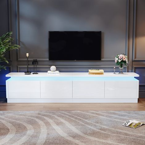 Meuble TV laqué LED - 180x34x40cm - Banc TV avec 4 tiroirs - Angles arrondis pour grand écran de 75-80 pouces - Moderne - Blanc (1/5)