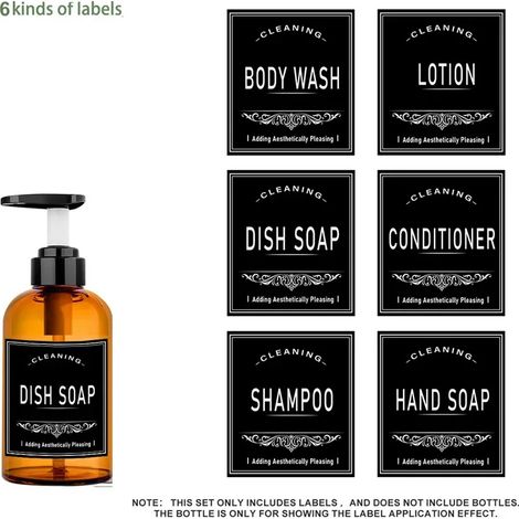 (Style 3) Étiquettes imperméables noires pour distributeur de savon, lotion, shampoing, après-shampoing, gel douche, flacon de douche, lot de 6 (1/5)