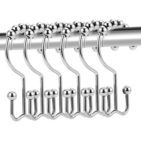 Lot de 12 crochets de rideau de douche double face antirouille en acier inoxydable pour rideau et doublure, chromé. (1/5)