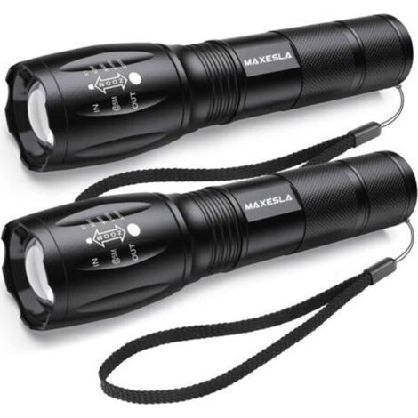 Lampe Torche LED Ultra Puissante, 2000 Lumens Lampe de Poche, IP65 Étanche Lampe Tactique, Zoomable, 5 Modes D'éclairage, Antichoc Anti-dérapant pour Camping Randonnée Urgence, Lot de 2 [Classe énergé (1/5)