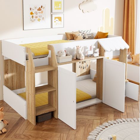 Cama alta infantil 90x200 cm blanco y natural de madera con almacenaje y escalera (1/5)