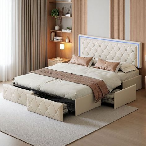 Cama doble 140x200 - Cajones integrados - Iluminación LED RGB - Cabezal de imitacion cuero - Moderno Blanco roto
