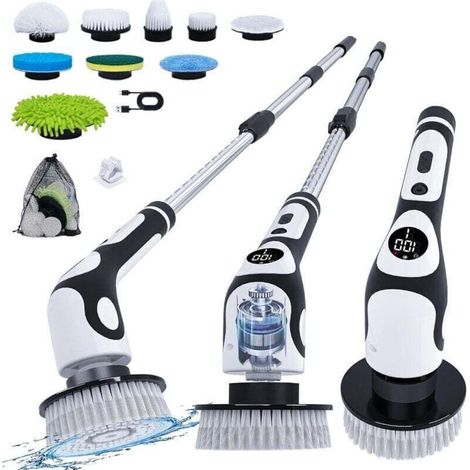Ulisem Brosse à récurer électrique rotative sans fil pour nettoyer la salle de bain, la baignoire, le carrelage, la cuisine, le verre, la douche avec poignée réglable, 9 têtes remplaçables, écran LCD