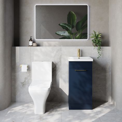 Napoli 390 Deep Blue 400mm Single Door Vanity Unit and Kingston Toilet Suite with Glide Basin - 400mm - Brushed Brass 160mm Handle