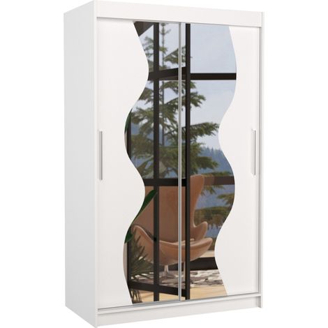 Petite armoire de chambre 2 portes coulissantes bois blanc et miroir Vaguz 120cm (1/5)