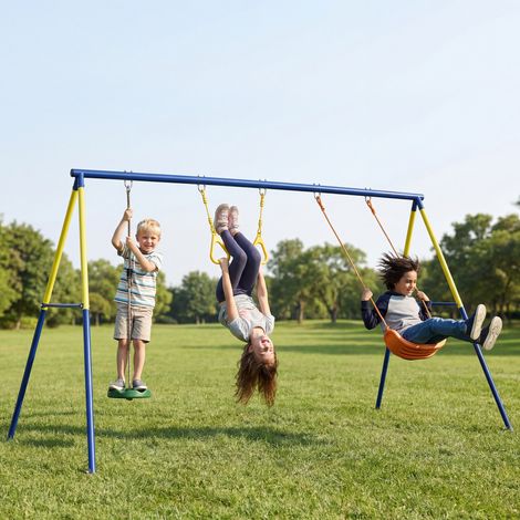 Portique balancoire exterieur enfants 3-en-1 2 anneaux gymnastique et balançoire à disque siège de balancelle style élégant