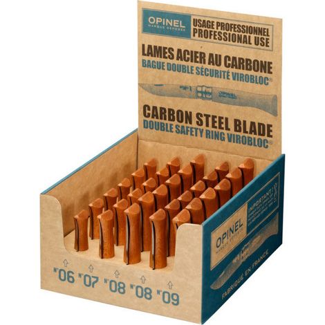 Display de 30 couteaux de poche en acier au carbone – Lame incurvée Yatagan – Manche hêtre vernis – Système de sécurité Virobloc – Opinel
