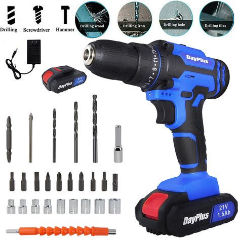 21V Cordless Drill Set Power Drill Driver 3/8” Drill wit Fast Charger Lithium-Ion Battery, 3/8'' Chuck, 25+1 Torque, LED Light, 2 Speed (1/5)