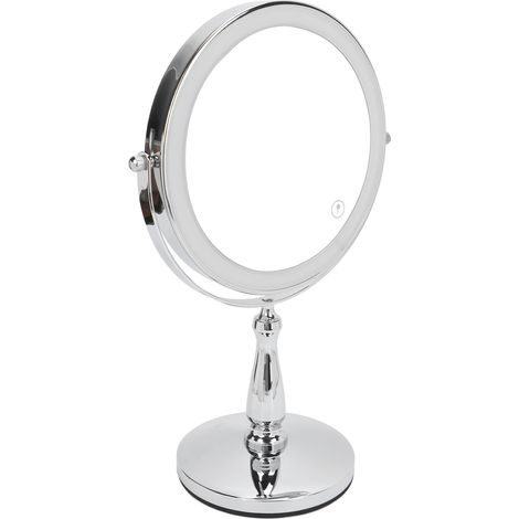 Miroir de maquillage LED 20cm double face, interrupteur tactile, rotation 360°, grossissant x3, argenté brillant, miroir lumineux rechargeable (1/5)