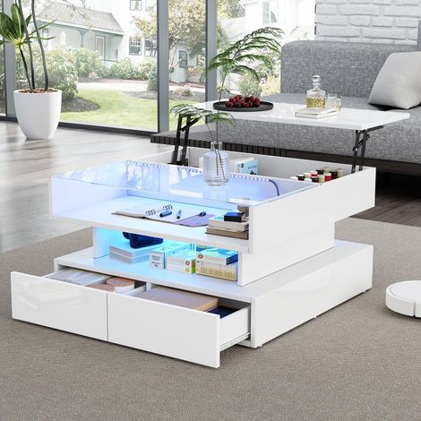 Table basse 80 x 80 x 45 cm, réglable en hauteur, avec rangement dissimulé et 2 tiroirs, table d'appoint avec éclairage LED, finition laquée brillante, plateau en verre trempé blanc.