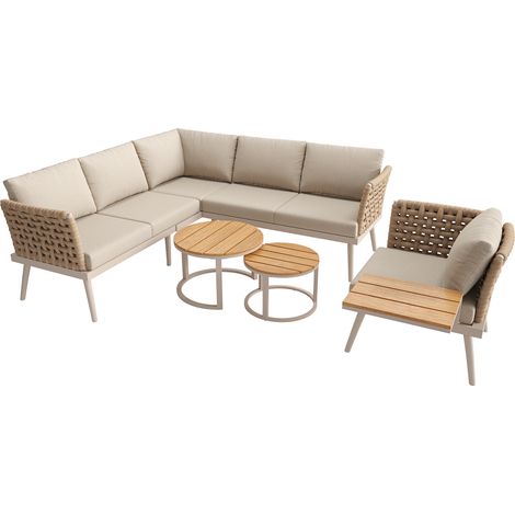 ELVMI Salon de Jardin avec 1 Canapé 2 Places, 1 Canapé 3 Places, 1 Fauteuil et 2 Tables Basses, Fer, Beige (1/5)