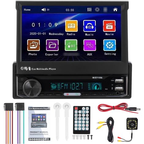 Autoradio Single Din, schermo LCD touchscreen da 7 pollici, radio FM, telecamera posteriore, ricevitore audio. (1/5)