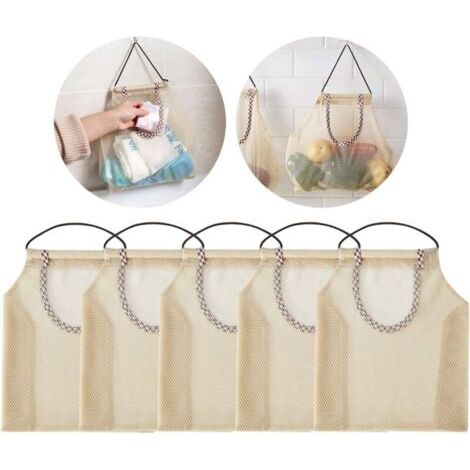 5 pièces sac en filet suspendu respirant, sacs de support de rangement de cuisine pour pommes de terre, oignons, ails, légumes, fruits (1/5)