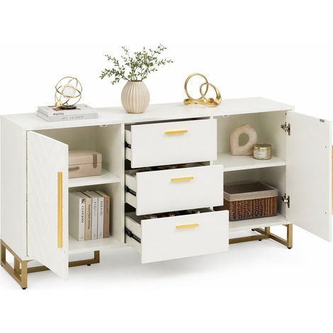 Buffet blanc moderne à motif chevron, 2 portes, 3 tiroirs et étagères réglables, meuble de rangement pour salle à manger, cuisine et salon élégants - CHICFURN (1/5)
