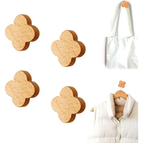 Crochet Murale En Bois De Hêtre - Crochet Porte-Manteau Sans Perçage - Charge Maximale 5 Kg Par Crochet - Pour Entrée Couloir Cuisine Bureau - Lot De 4 (1/5)