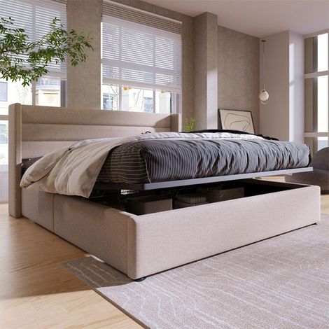 Lit double rembourré coffre 160x200 cm — sommier à lattes, rangement hydraulique, lin beige, structure métal (1/5)
