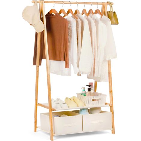Porte-manteau en bambou avec 2 boîtes de rangement et 2 étagères, crochets de tringle à vêtements, stable, pour chambre à coucher, couloir (1/5)