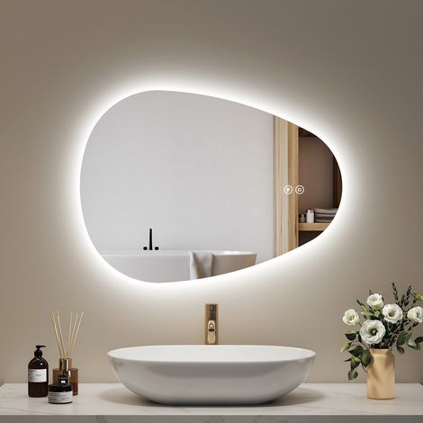 EMKE LED Badspiegel 50x70cm Unregelmäßig Wandspiegel 3 Lichtfarben Dimmbar Anti Fog Touch Schalter Auto Off Funktion