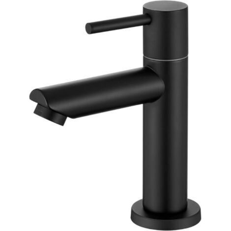 Robinet d'eau froide noir, robinet de lavabo monotrou en acier inoxydable (bouche droite cuite noire) avec tuyau de 60 cm (1/5)