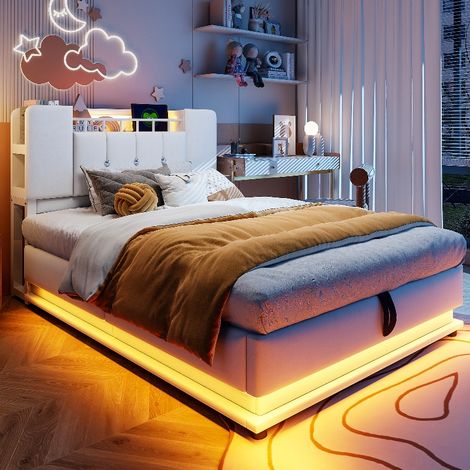Polsterbett Kinderbett 90x200 cm mit LED-Beleuchtung und USB-Anschluss, hydraulischem Stauraum im Bettkasten, Samtbezug in Beige (1/5)