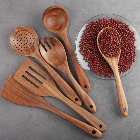 Ustensiles De Cuisine - Bois De Teck - 6 Pièces - Spatules Et Cuillères - Pour Cuisson Et Service - Lot Complet (1/5)