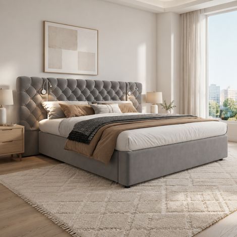 Cama canapé 160x200 cm de terciopelo gris con LED, almacenaje y somier - CHICFURN (1/5)