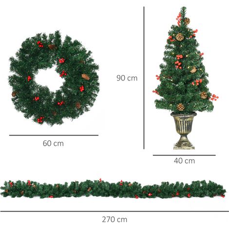 Décorations de Noël, ensemble de 4 pièces (2 sapins de Noël (40 cm de diamètre x 90 cm de hauteur), guirlande de Noël, couronne de Noël) (1/5)