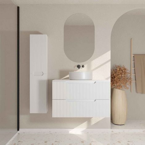Mobile Bagno 80 e Colonna LEON Bianco Neve - Frontali Ondulati - Lavabo Rotondo 36 cm